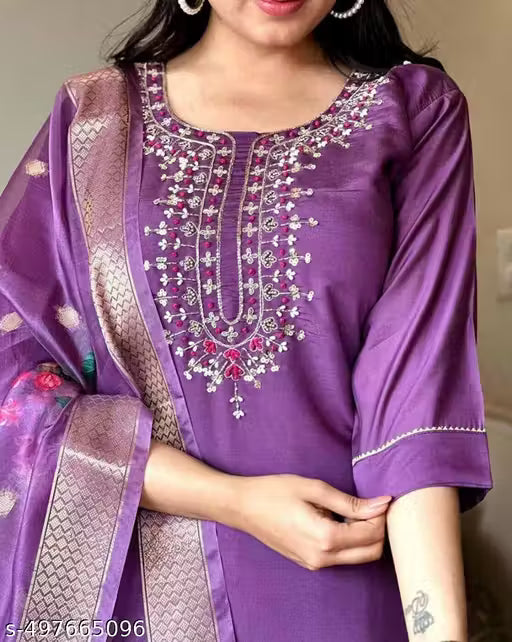 Fancy Reyon Slub Kurta Set With Dupatta A line kurti purple kurti pant with bottom wear Reyon slub Kurti Reyon kurti