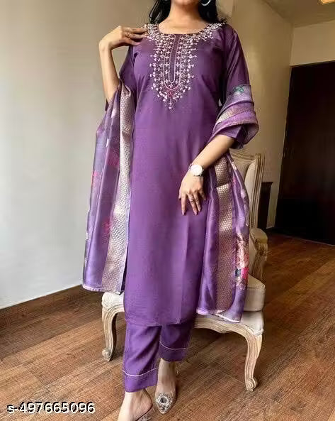 Fancy Reyon Slub Kurta Set With Dupatta A line kurti purple kurti pant with bottom wear Reyon slub Kurti Reyon kurti