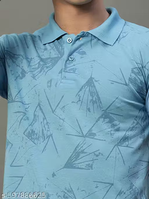 HUSHBUCKS Men's Light Blue Half Sleeves Printed Polo Neck T-shirt