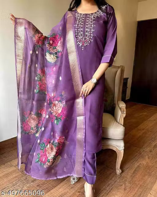 Fancy Reyon Slub Kurta Set With Dupatta A line kurti purple kurti pant with bottom wear Reyon slub Kurti Reyon kurti