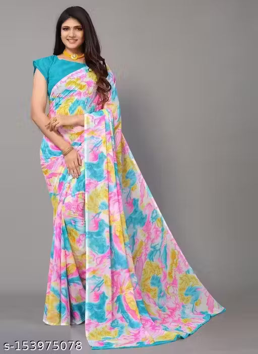 Georgette Multicolor Marble Print Saree with Blouse