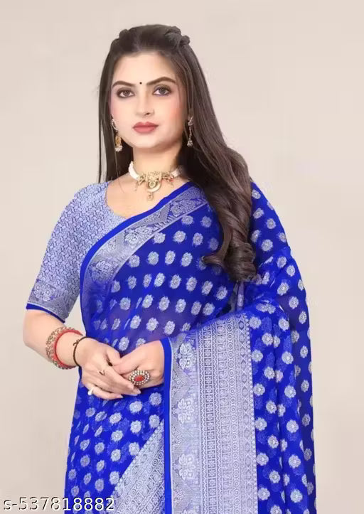 Georgette Silver Buti Silk Saree with Zalar and Siroski