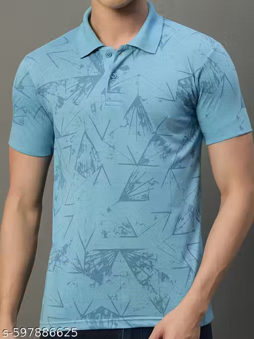 HUSHBUCKS Men's Light Blue Half Sleeves Printed Polo Neck T-shirt