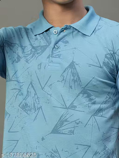 HUSHBUCKS Men's Light Blue Half Sleeves Printed Polo Neck T-shirt