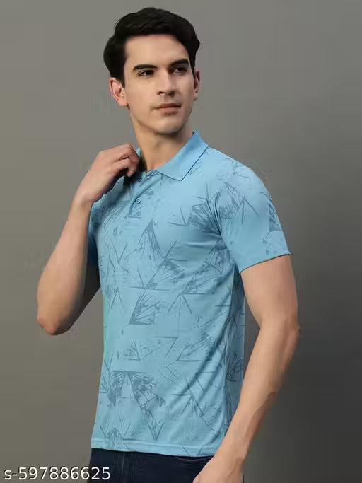 HUSHBUCKS Men's Light Blue Half Sleeves Printed Polo Neck T-shirt