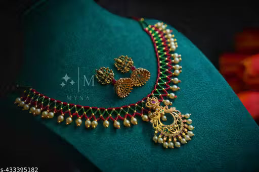 MYNA jeweelllery Kali mala multicolor necklace set with Cz pendant and pearls for women ,