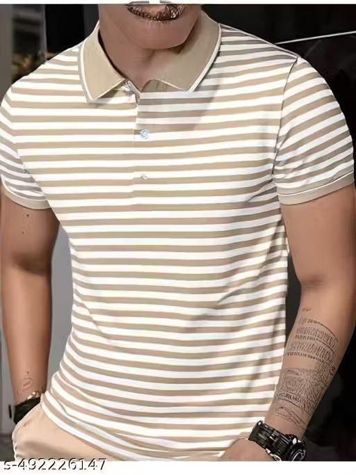 Mack jonney Men's Horizontal Stripes Regular Polo Cream Tshirts